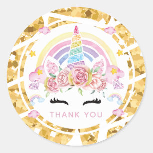 Adesivo Redondo Unicorn Dourado Aniversário Obrigado