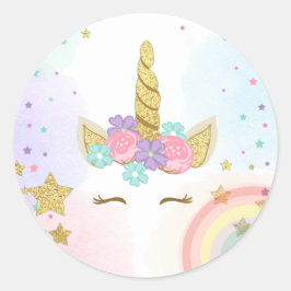 Adesivo Redondo Unicorn Face Favor Tags aniversário mágico Arco-Ír