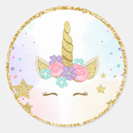 Adesivo Redondo Unicorn Face Favor Tags aniversário mágico Rosa Do