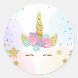 Adesivo Redondo Unicorn Face Favor Tags aniversário mágico Rosa Do
