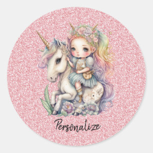 Adesivo Redondo Unicorn Fairy Princess Pink Glitter Fantasy Girly