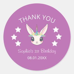 Adesivo Redondo Unicorn Fofo Rosa Obrigado Aniversário