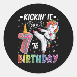 Adesivo Redondo Unicorn Karate 7 Birthday 7 7 7 Anos