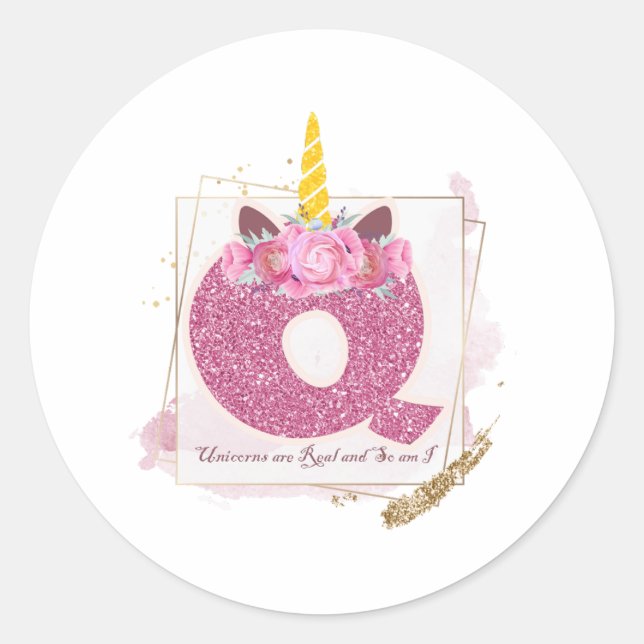 Adesivo Redondo Unicorn Monograma Q Autocolantes Personalizados (Frente)