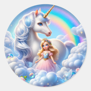 Adesivo Redondo Unicorn Princess Rainbow Sticker, Pastel Fairytale