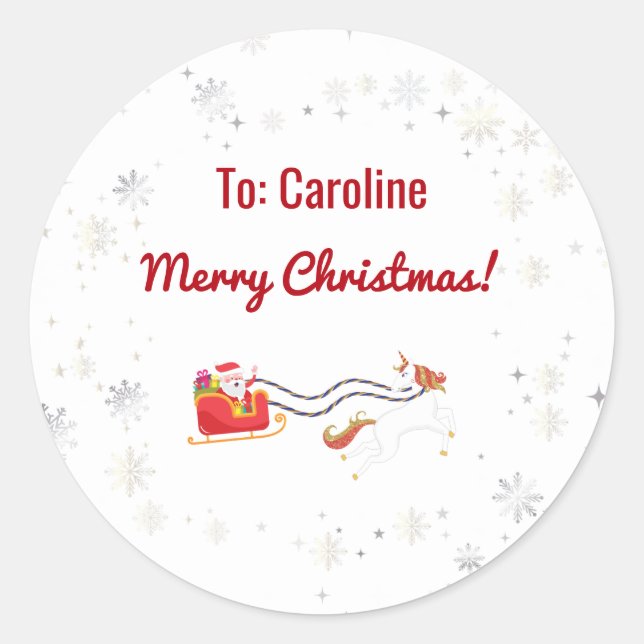 Adesivo Redondo Unicorn Pulando Papais noeis Sleigh Nome Merry Xma (Frente)