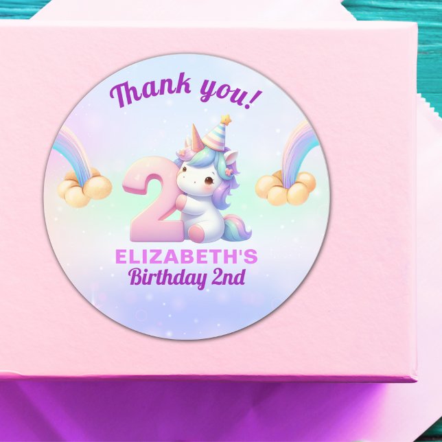 Adesivo Redondo Unicorn Rainbow 2nd Birthday Party Decoration (Criador carregado)