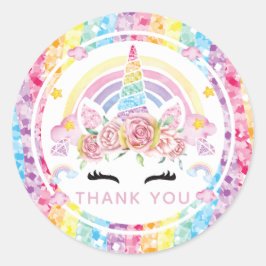 Adesivo Redondo Unicorn Rainbow Birthday Obrigado
