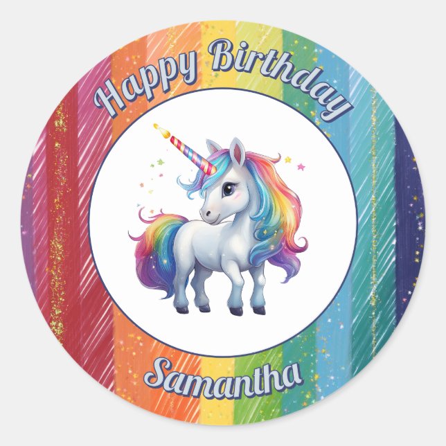 Adesivo Redondo Unicorn Rainbow Birthday Sticker (Frente)