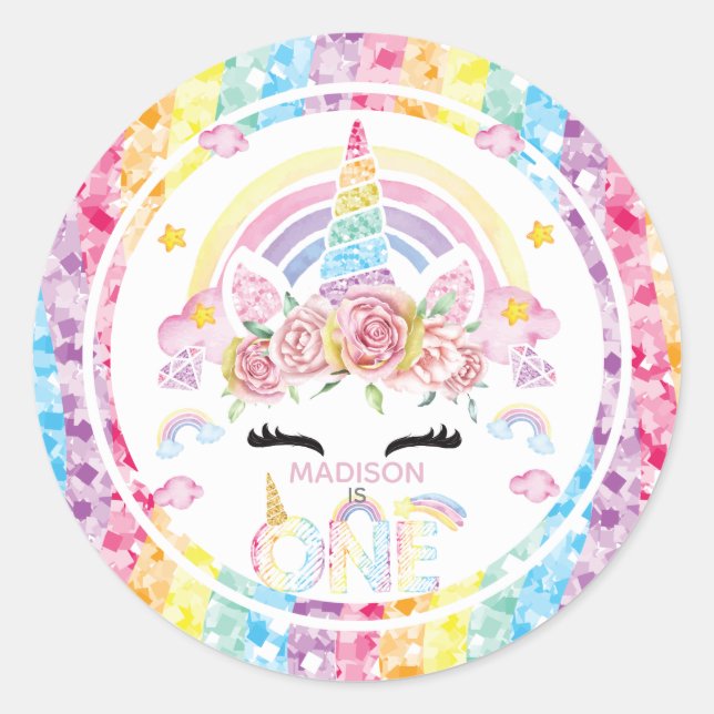 Adesivo Redondo Unicorn Rainbow Personalizado Primeiro Aniversário (Frente)