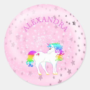 Adesivo Redondo Unicorn Rainbow Pink Silver Stars Nome das Garotas