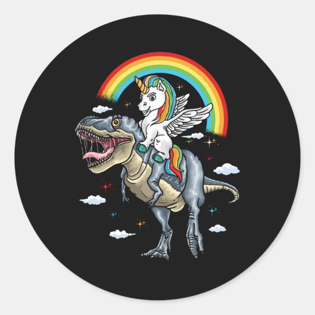 Adesivo Redondo Unicorn Riding Trex Dinosaur Momicorn Rainbow For (Frente)