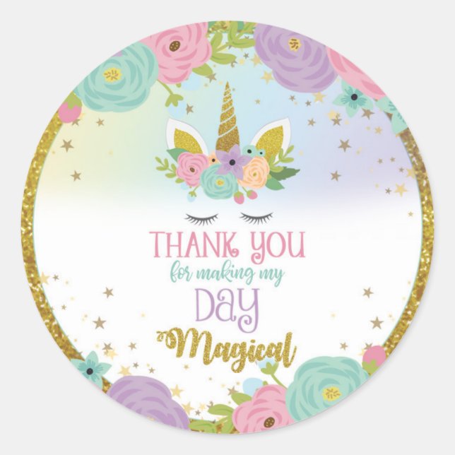 Adesivo Redondo Unicorn Sticker Obrigado Fazer meu dia de magia (Frente)
