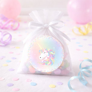 Adesivo Redondo Unicórnio Arco-Íris Pastel Feliz Aniversário