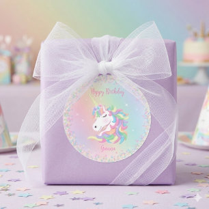 Adesivo Redondo Unicórnio Arco-Íris Pastel Feliz Aniversário