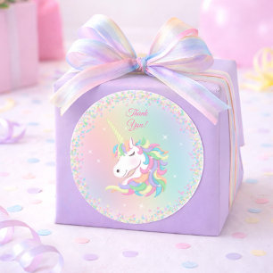 Adesivo Redondo Unicórnio Arco-Íris Pastel Feliz Aniversário Obrig