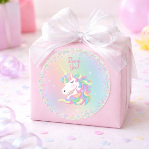 Adesivo Redondo Unicórnio Arco-Íris Pastel Feliz Aniversário Obrig