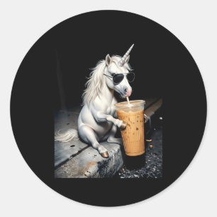Adesivo Redondo Unicórnio bebendo café gelado meme engraçado de an