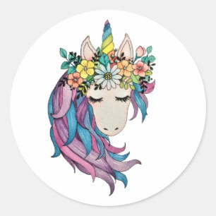 Adesivo Redondo Unicórnio Com Flores Selvagens Em Aquarela