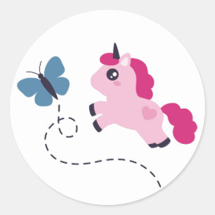 Adesivo Redondo Unicórnio Cor-de-Rosa Bonito com Borboleta