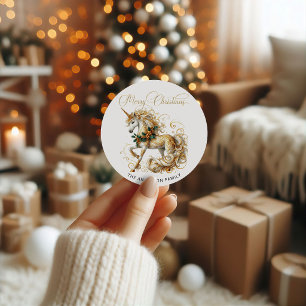 Adesivo Redondo Unicórnio de Natal Branco e Dourado Elegante