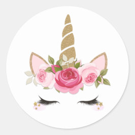 Adesivo Redondo Unicórnio Dourado Floral Rosa Fofo Clássico Redond