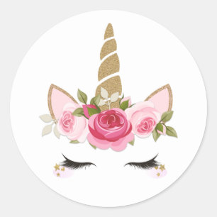 Adesivo Redondo Unicórnio Dourado Floral Rosa Fofo Clássico Redond