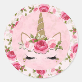Adesivo Redondo Unicórnio Dourado Rosas Florais Rosa Fofo Moderno