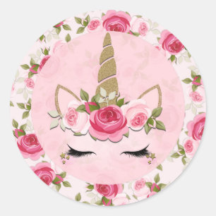 Adesivo Redondo Unicórnio Dourado Rosas Florais Rosa Fofo Moderno