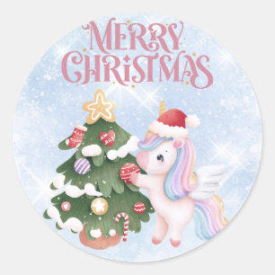 Adesivo Redondo Unicórnio E Árvore De Natal No Céu Azul Sparkle