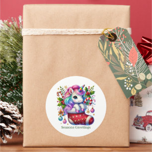 Adesivo Redondo unicórnio festivo de menta de Natal, personalizáve