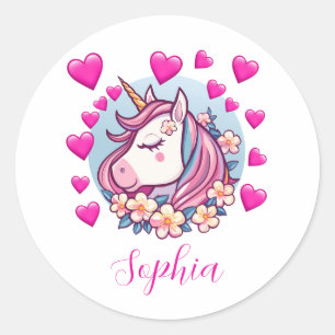 Adesivo Redondo Unicórnio Fofo, Corações e Flores Cor-de-Rosa, Nom