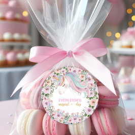 Adesivo Redondo Unicórnio Mágico Flor Rosa aniversário de 1 ano