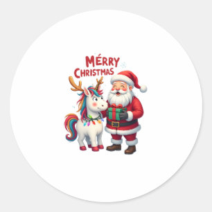Adesivo Redondo Unicórnio Natalino Fofo Papai Noel em Camiseta de