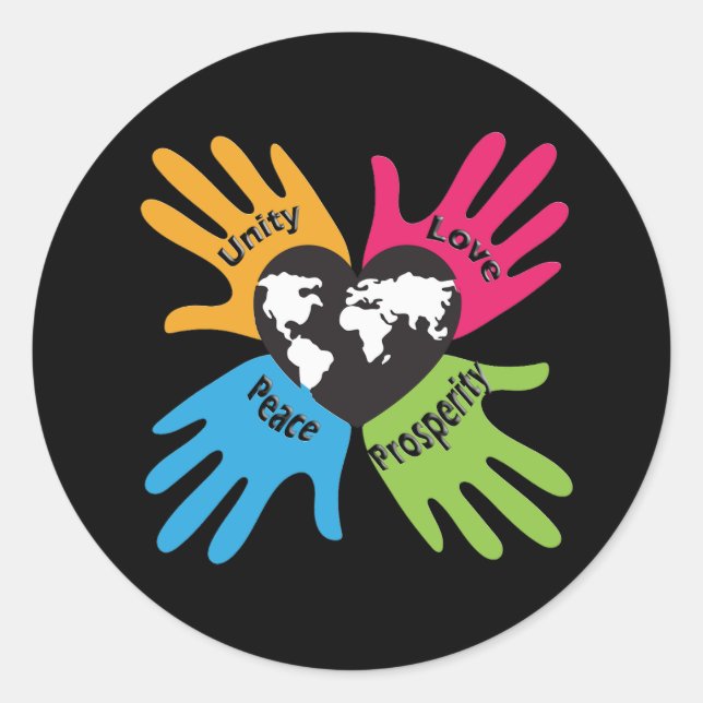 Adesivo Redondo Unidade, Amor, Paz, Prosperidade (Frente)