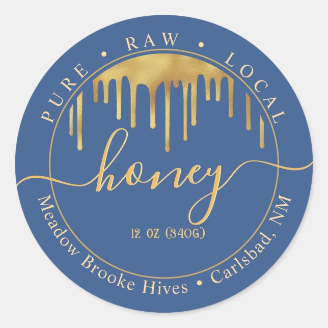 Adesivo Redondo Unidades de Ouro e Fonte Decorativa do Rótulo Azul (Frente)