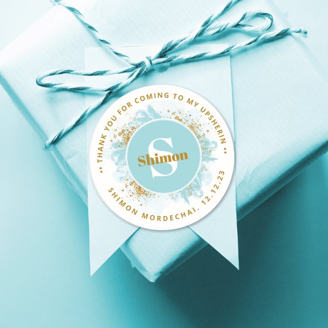 Adesivo Redondo Upsherin Obrigado Monograma Watercolor Glitter (Criador carregado)