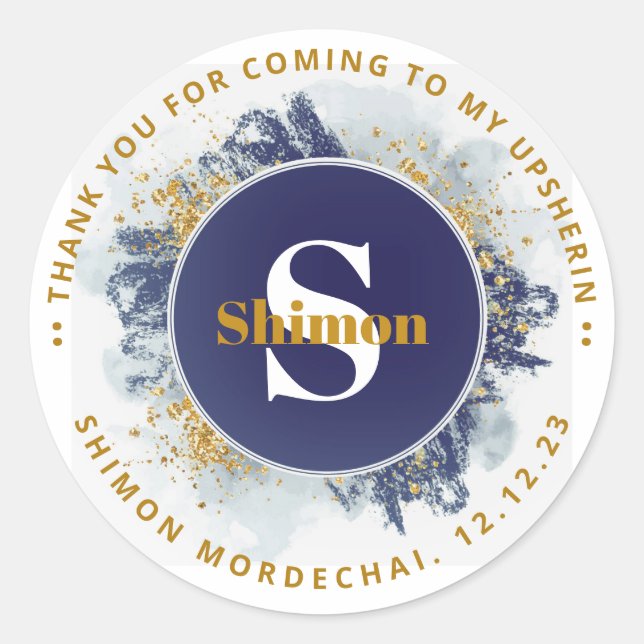 Adesivo Redondo Upsherin - Obrigado pela Glitter inicial NAV Water (Frente)