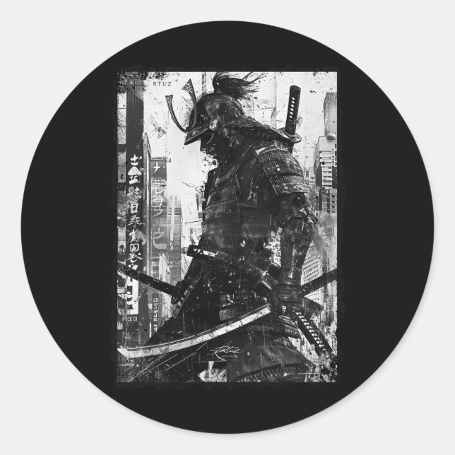 Adesivo Redondo Urban Samurai Warrior Grunge Japanese Streetwear (Frente)