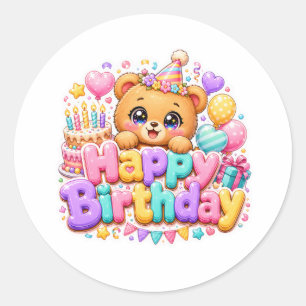 Adesivo Redondo Ursa de pelúcia fofa Kawaii Feliz Aniversário Rosa