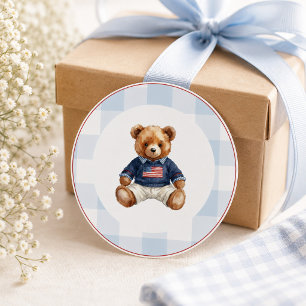 Adesivo Redondo Ursa de pelúcia Preppy Americana Xadrez Azul Menin