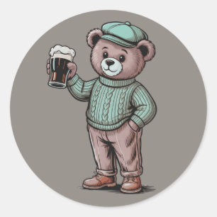 Adesivo Redondo Ursa Teddy Fofa Bebendo Cerveja