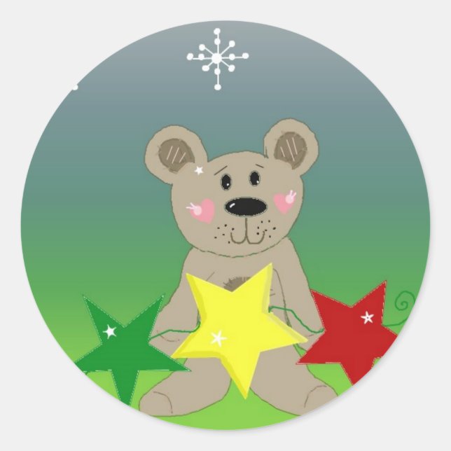 Adesivo Redondo Ursinho com Estrelas de Feriado (Frente)