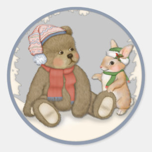 Adesivo Redondo Ursinho e coelho do Natal da neve