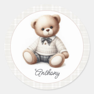 Adesivo Redondo Ursinho Teddy Clássico Préppy de Aniversário Perso