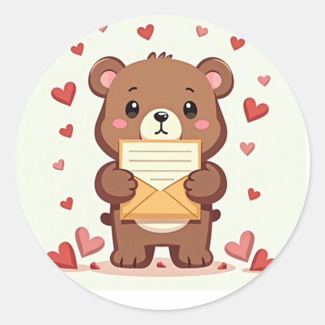 Adesivo Redondo Urso Adorável com Carta de Amor (Frente)