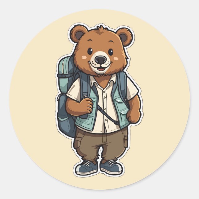 Adesivo Redondo Urso animado alegre com mochila (Frente)
