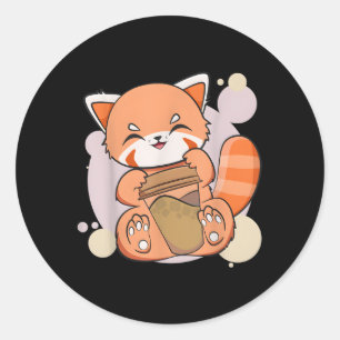 Adesivo Redondo Urso Animado do Bebendo Kawaii Red Panda