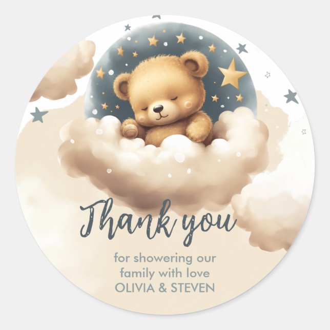 Adesivo Redondo Urso azul no chá de fraldas das nuvens (Frente)