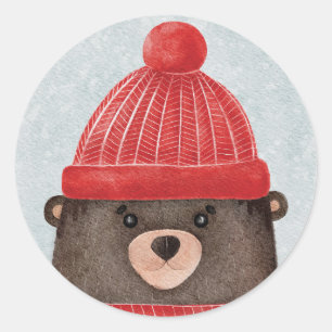 Adesivo Redondo Urso bonitinho de aquarela. Floresta de Natal